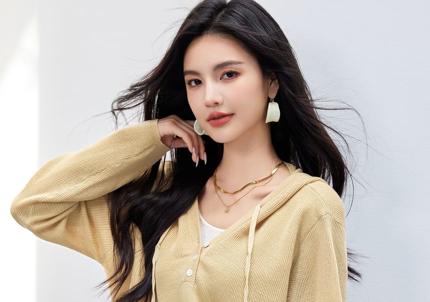 Mock Hoodie V-Neck Two Two-Piece Tone Knit