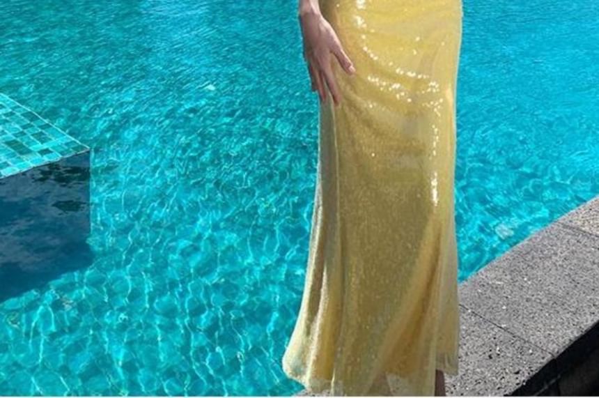 Sleeveless Sequin Evening Sheath Plain V-Neck Gown