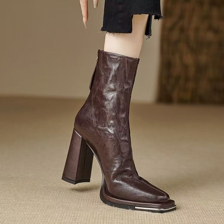 Chunky Heel Boots Plain Short