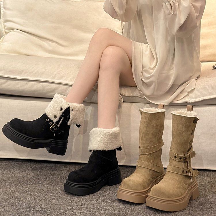 Calf Faux Fur Mid Buckled Boots