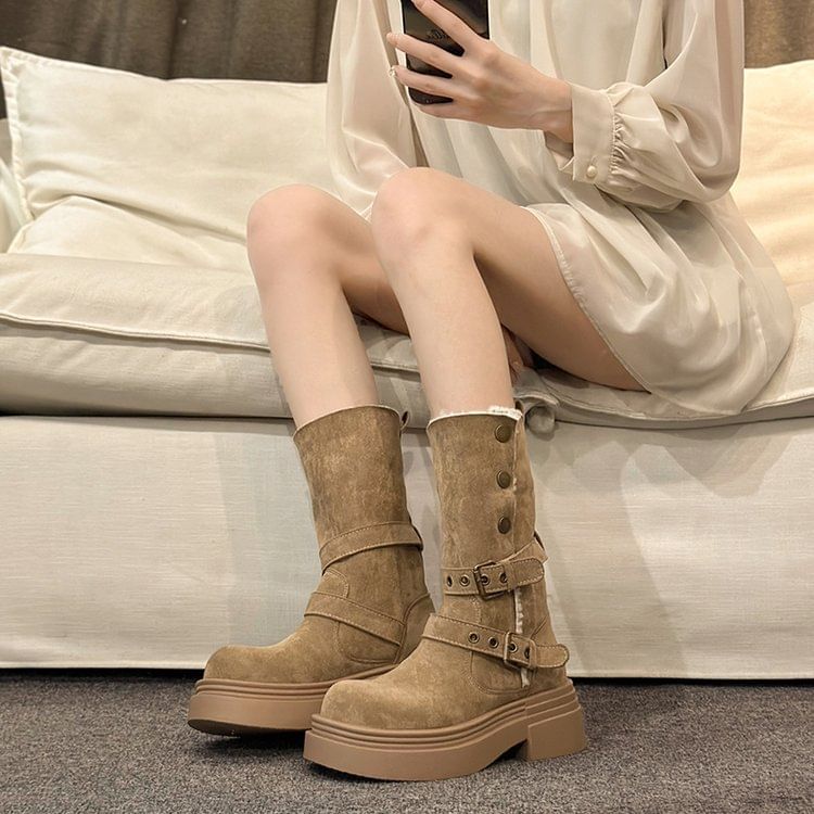 Calf Faux Fur Mid Buckled Boots