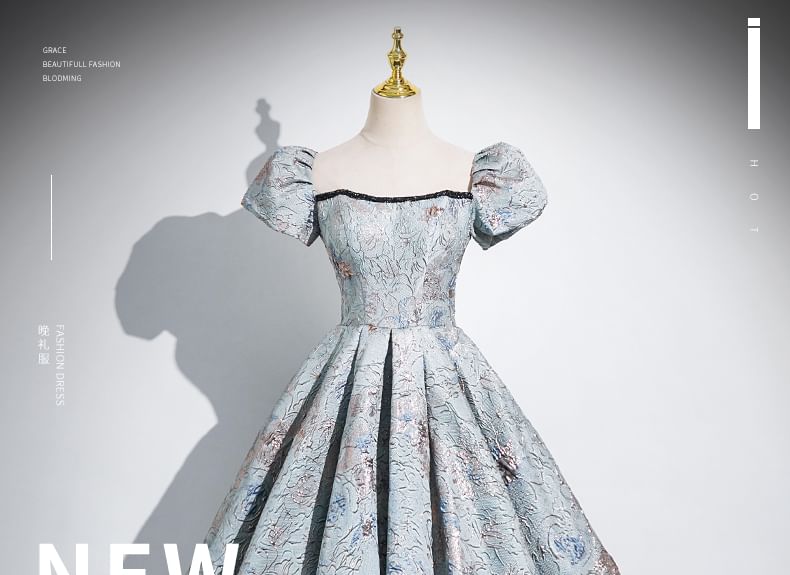 Jacquard Puff Square Pleated Evening Gown Sleeve A-Line Neck