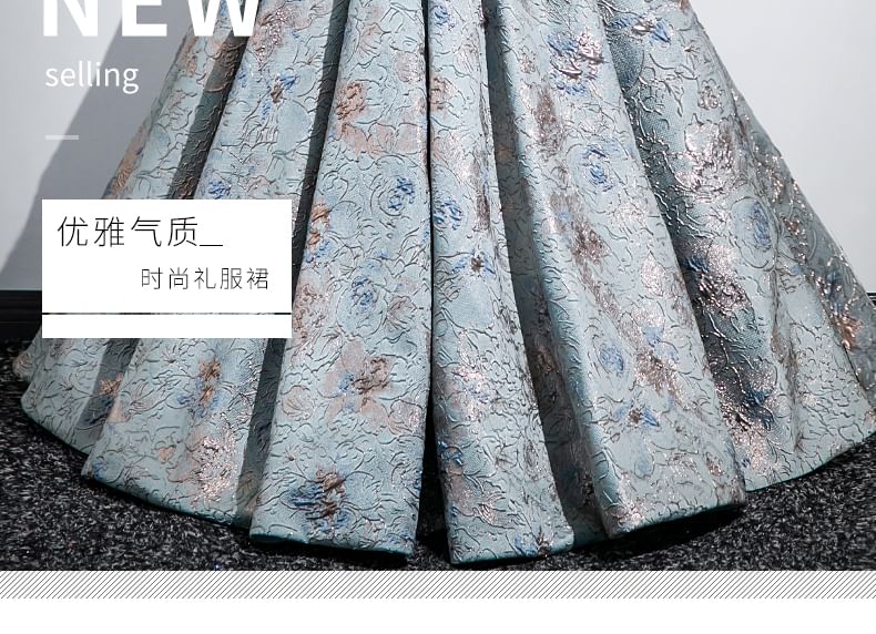 Jacquard Puff Square Pleated Evening Gown Sleeve A-Line Neck