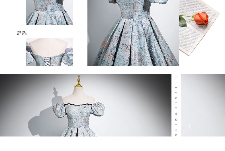 Jacquard Puff Square Pleated Evening Gown Sleeve A-Line Neck