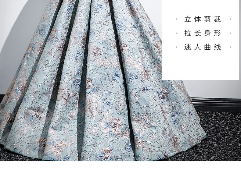 Jacquard Puff Square Pleated Evening Gown Sleeve A-Line Neck