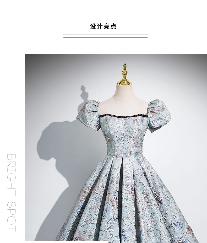 Jacquard Puff Square Pleated Evening Gown Sleeve A-Line Neck