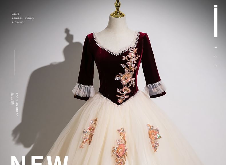 Panel Gown Floral Applique Evening Mesh V-Neck 3/4-Sleeve Beaded A-Line Velvet