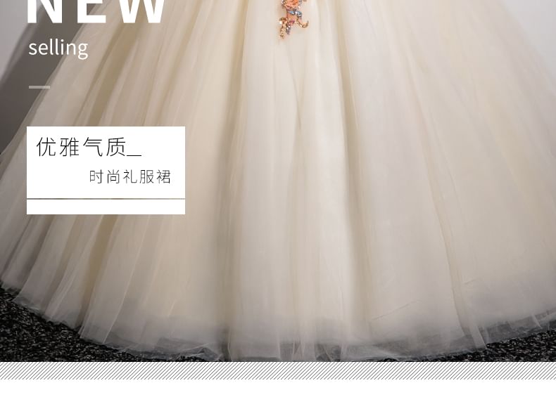 Panel Gown Floral Applique Evening Mesh V-Neck 3/4-Sleeve Beaded A-Line Velvet