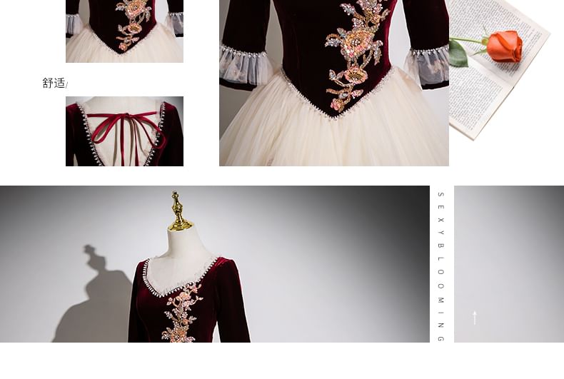 Panel Gown Floral Applique Evening Mesh V-Neck 3/4-Sleeve Beaded A-Line Velvet