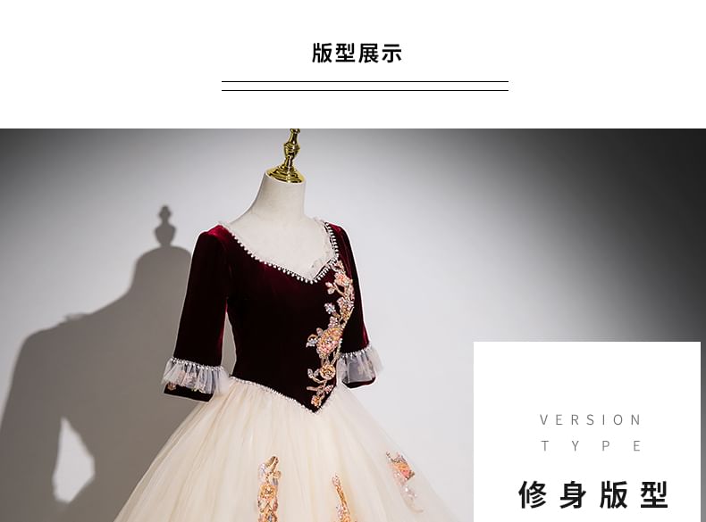 Panel Gown Floral Applique Evening Mesh V-Neck 3/4-Sleeve Beaded A-Line Velvet