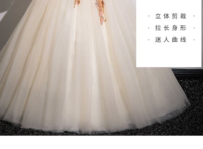 Panel Gown Floral Applique Evening Mesh V-Neck 3/4-Sleeve Beaded A-Line Velvet