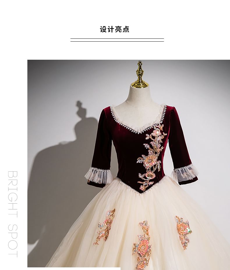 Panel Gown Floral Applique Evening Mesh V-Neck 3/4-Sleeve Beaded A-Line Velvet