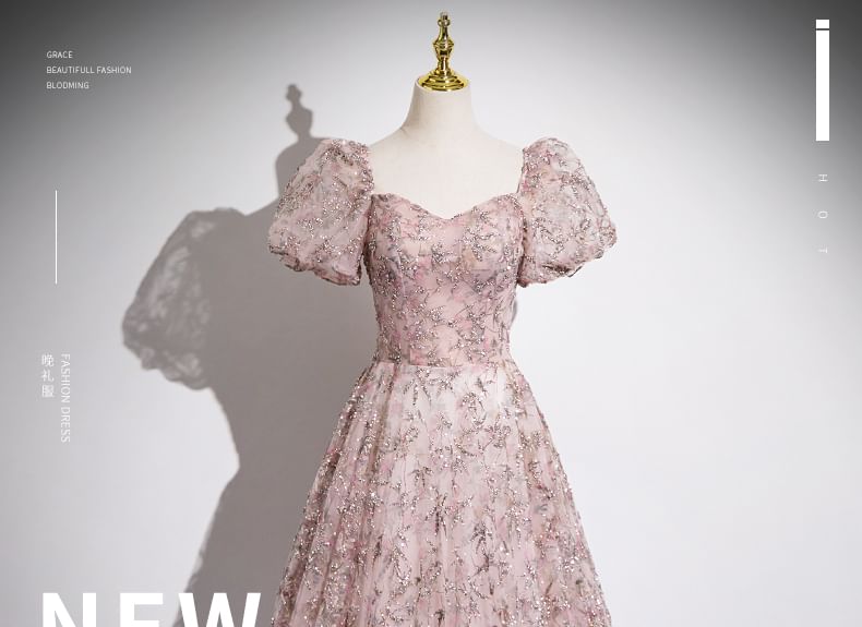 Gown Floral Sleeve Off Mesh A-Line Puff Evening Embroidered Shoulder