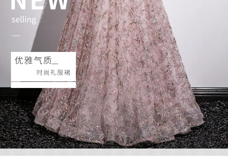Gown Floral Sleeve Off Mesh A-Line Puff Evening Embroidered Shoulder