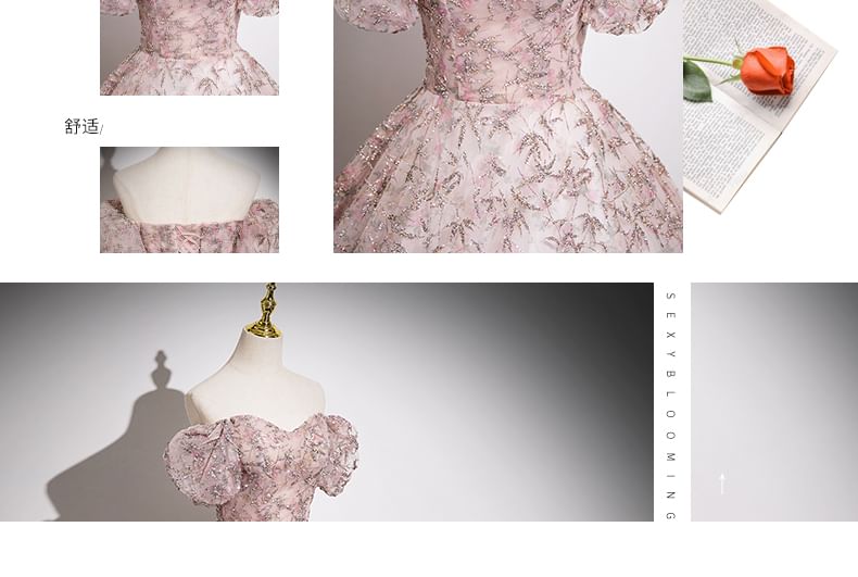 Gown Floral Sleeve Off Mesh A-Line Puff Evening Embroidered Shoulder