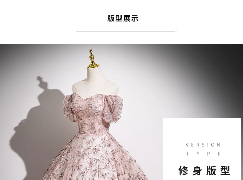 Gown Floral Sleeve Off Mesh A-Line Puff Evening Embroidered Shoulder