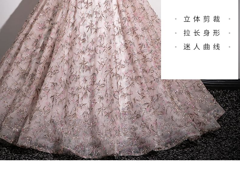 Gown Floral Sleeve Off Mesh A-Line Puff Evening Embroidered Shoulder