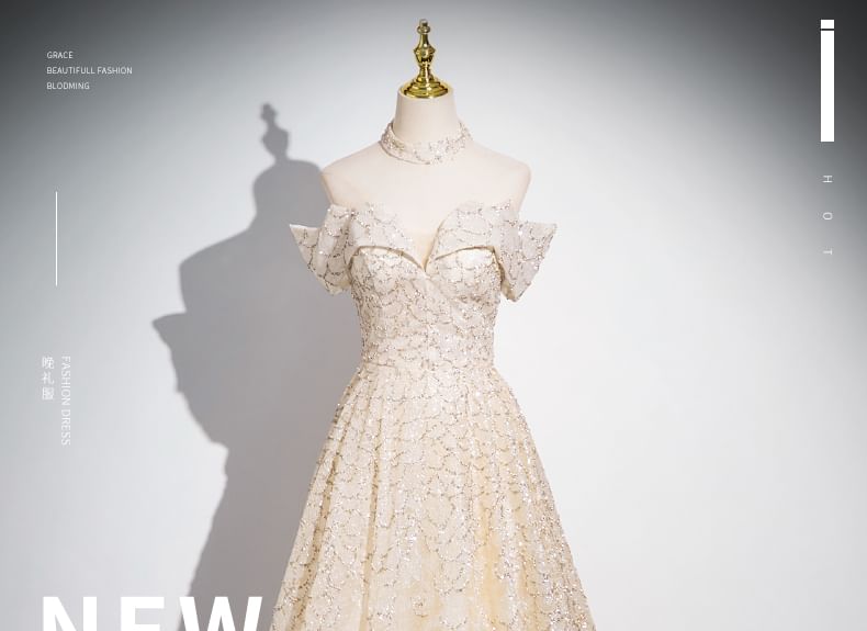 Evening Off Patterned A-Line Sleeveless Shoulder Gown