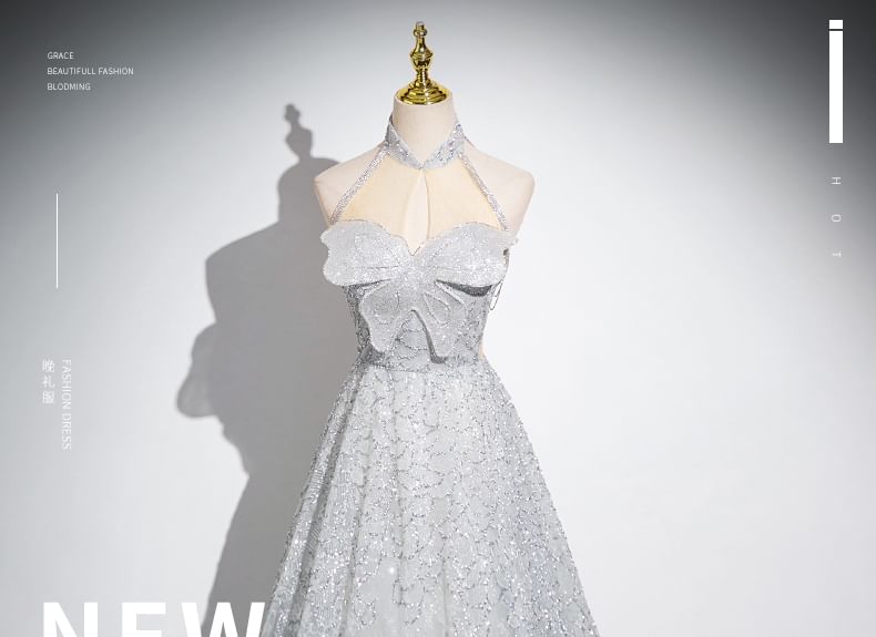 Mandarin Collar Evening A-Line Gown Mesh Panel Butterfly Sleeveless Patterned