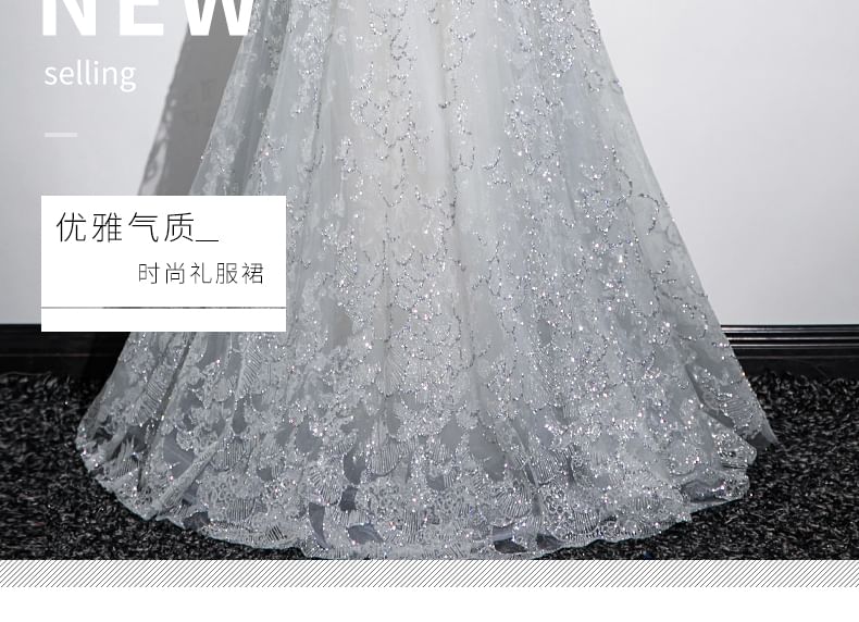 Mandarin Collar Evening A-Line Gown Mesh Panel Butterfly Sleeveless Patterned