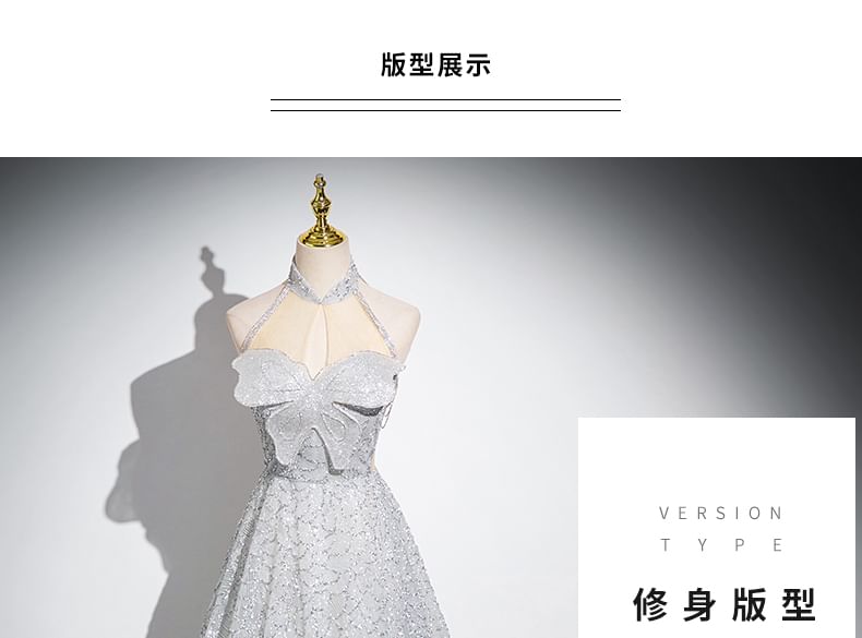 Mandarin Collar Evening A-Line Gown Mesh Panel Butterfly Sleeveless Patterned