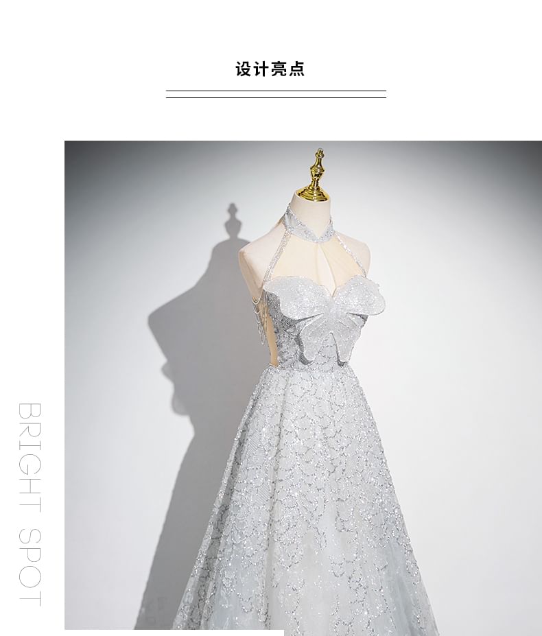 Mandarin Collar Evening A-Line Gown Mesh Panel Butterfly Sleeveless Patterned