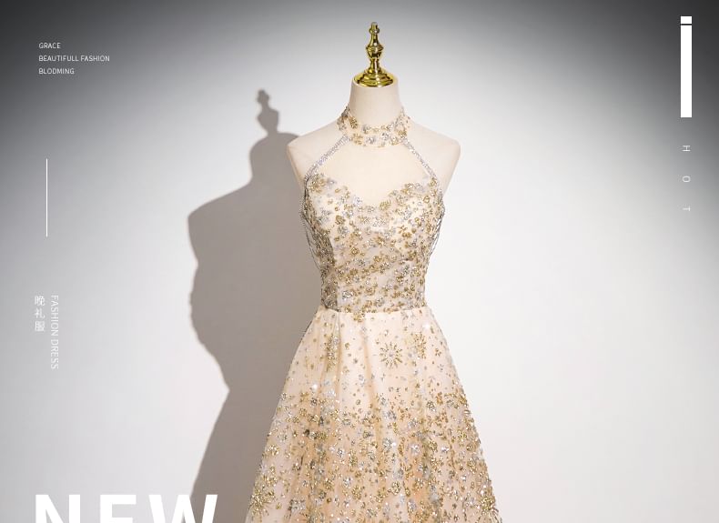 Patterned Sleeveless Gown Evening Mesh Mandarin Sequin A-Line Collar