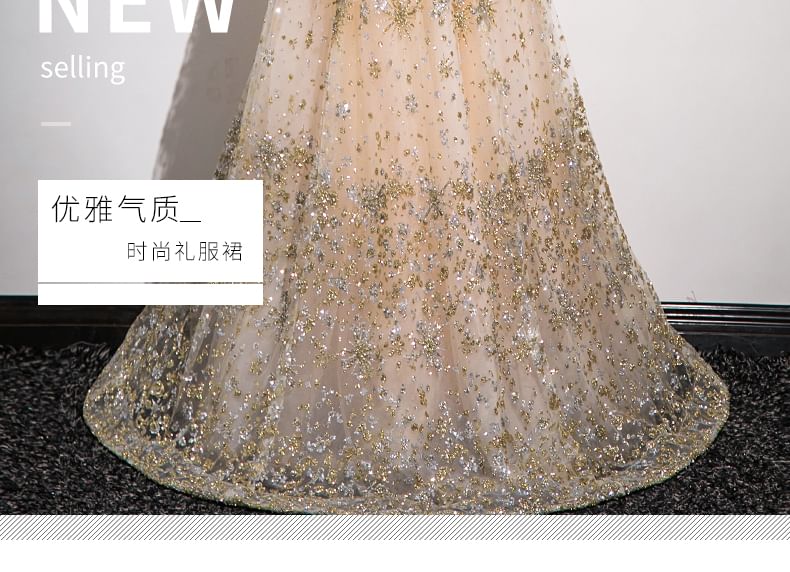 Patterned Sleeveless Gown Evening Mesh Mandarin Sequin A-Line Collar