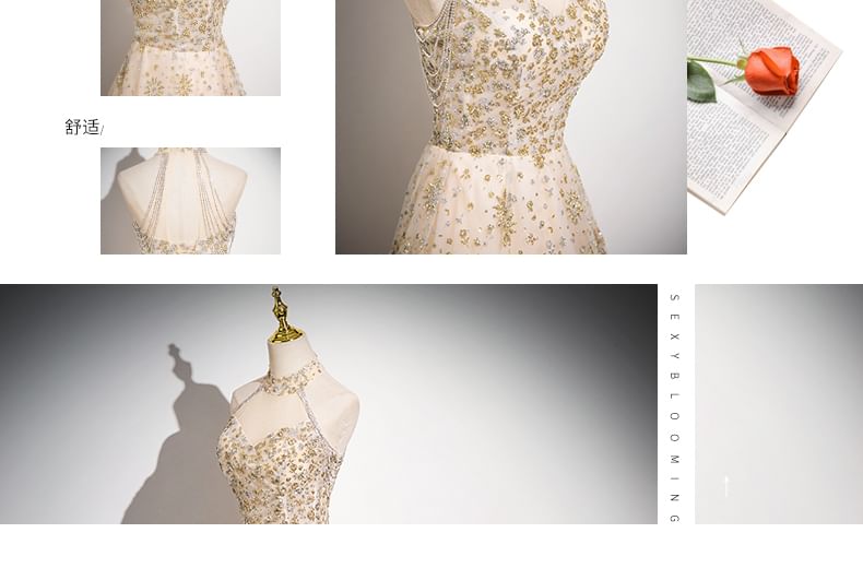 Patterned Sleeveless Gown Evening Mesh Mandarin Sequin A-Line Collar