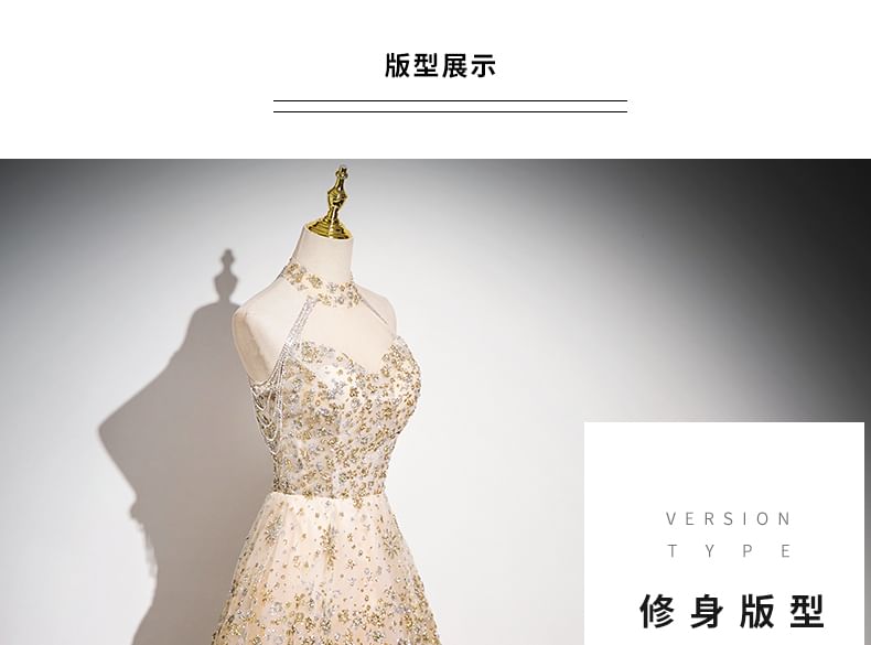 Patterned Sleeveless Gown Evening Mesh Mandarin Sequin A-Line Collar