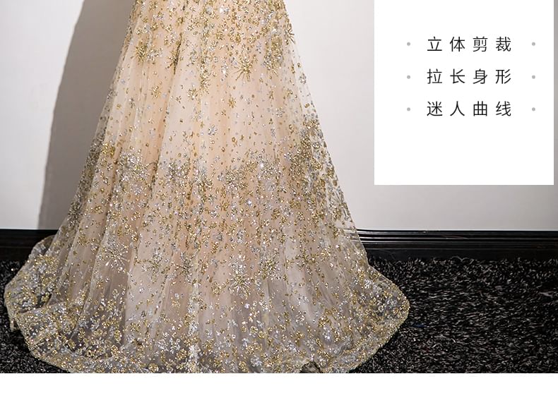 Patterned Sleeveless Gown Evening Mesh Mandarin Sequin A-Line Collar