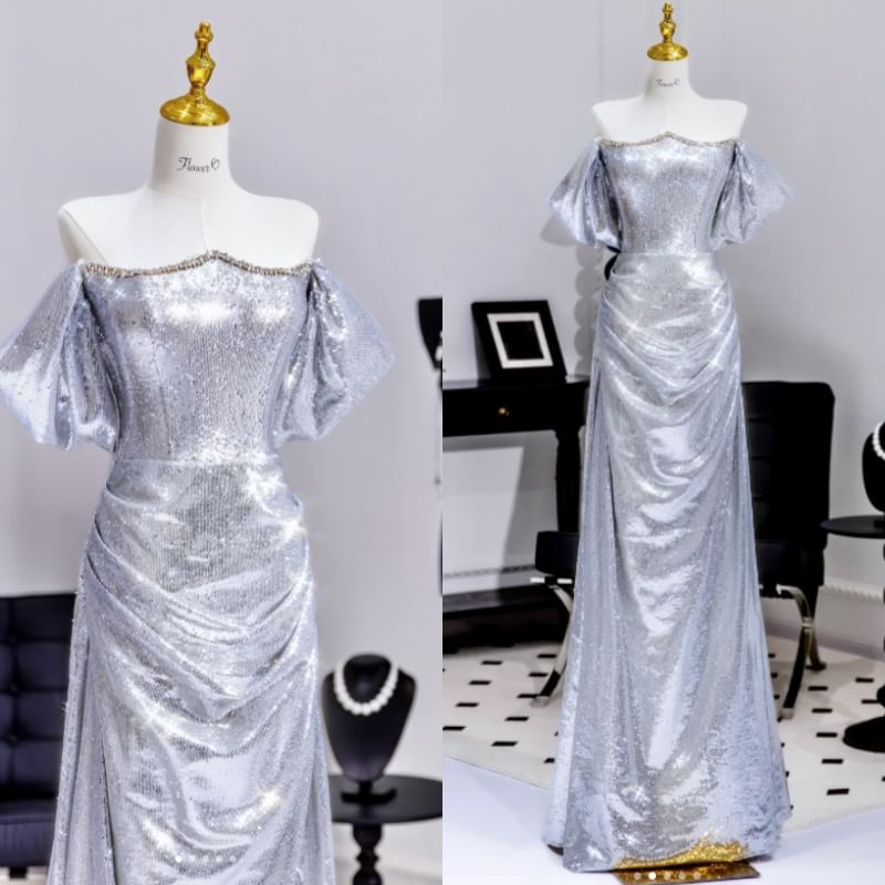 Evening Puff Sleeve Metallic Gown A-Line Sequin Off Shoulder Ruched