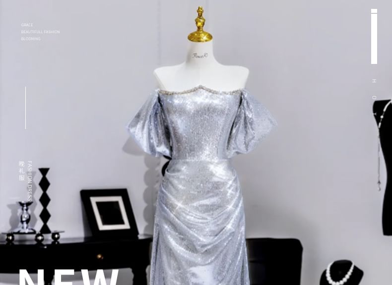 Evening Puff Sleeve Metallic Gown A-Line Sequin Off Shoulder Ruched