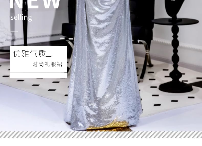 Evening Puff Sleeve Metallic Gown A-Line Sequin Off Shoulder Ruched