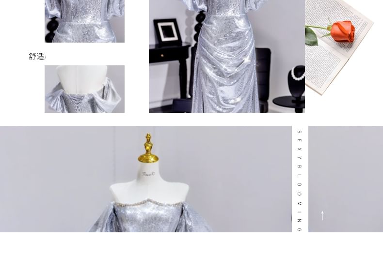 Evening Puff Sleeve Metallic Gown A-Line Sequin Off Shoulder Ruched