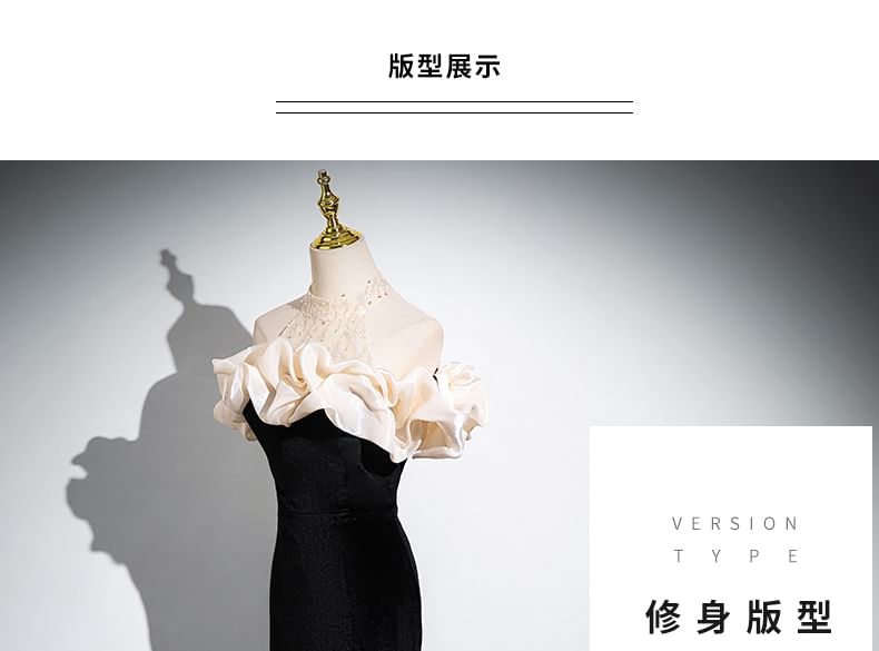 Sequin Trumpet Sleeveless Shoulder Gown Mesh Evening Cold Ruched Panel