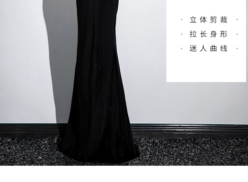 Sequin Trumpet Sleeveless Shoulder Gown Mesh Evening Cold Ruched Panel