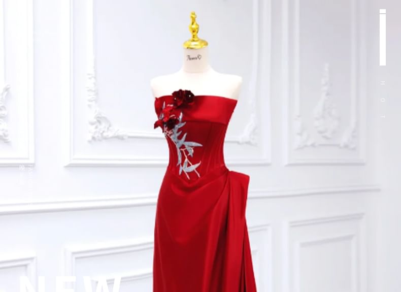 A-Line Floral Ruched Embroidered Evening Detail Gown Tube