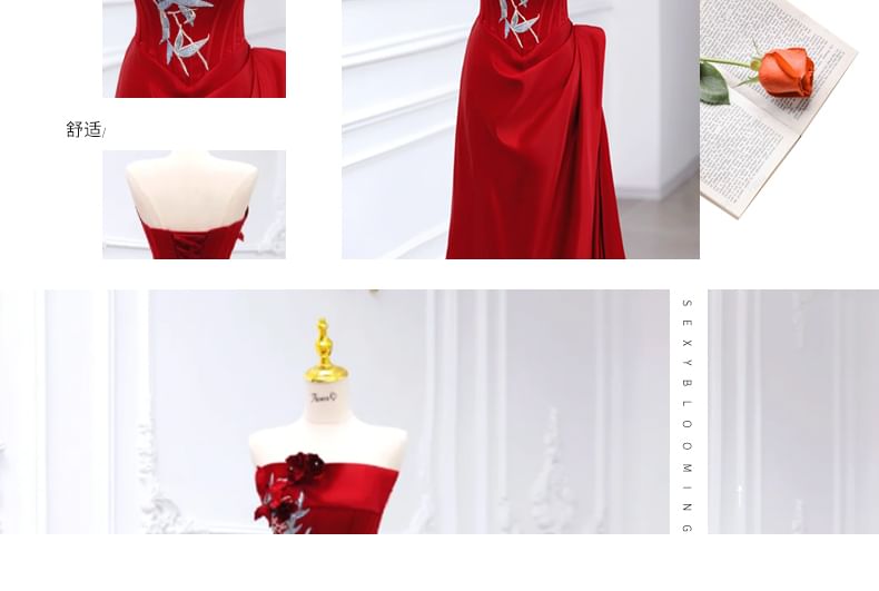 A-Line Floral Ruched Embroidered Evening Detail Gown Tube