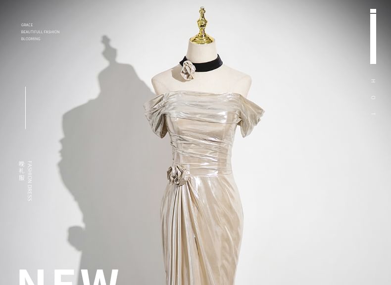 Shoulder Plain Ruched Gown Trumpet Off Evening Sleeveless