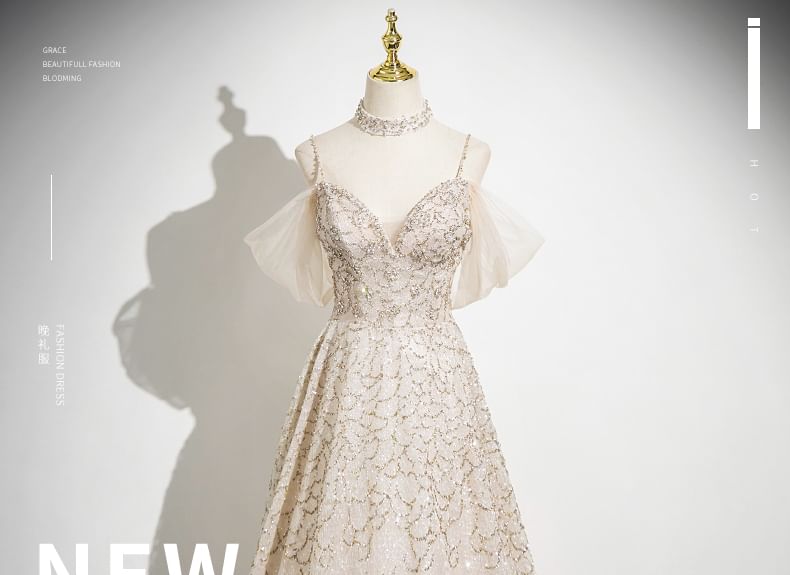 A-Line Beaded Evening Spaghetti Gown Strap Patterned