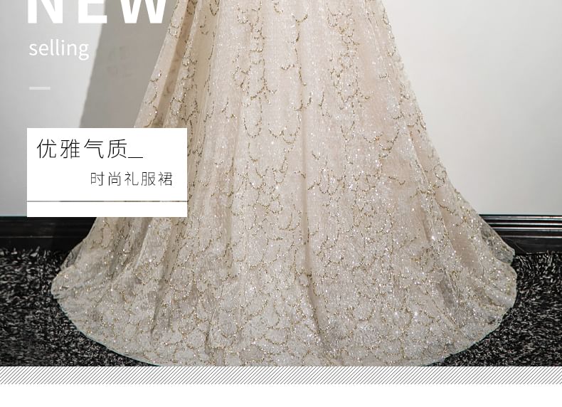 A-Line Beaded Evening Spaghetti Gown Strap Patterned