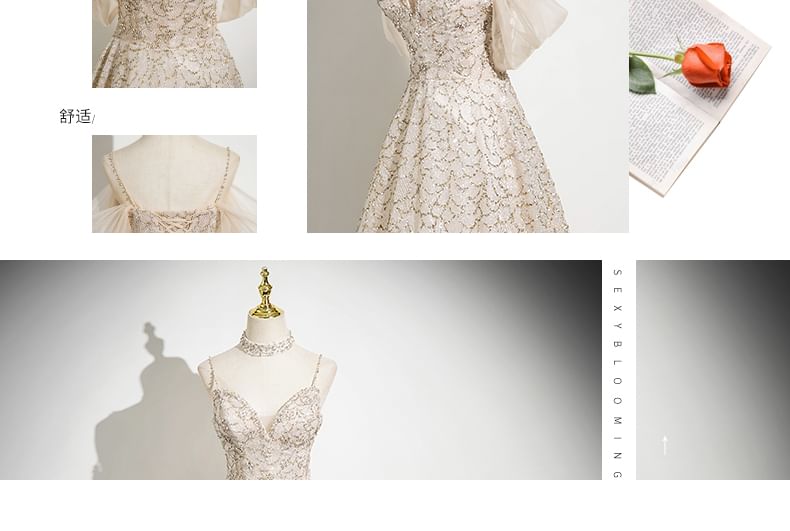 A-Line Beaded Evening Spaghetti Gown Strap Patterned