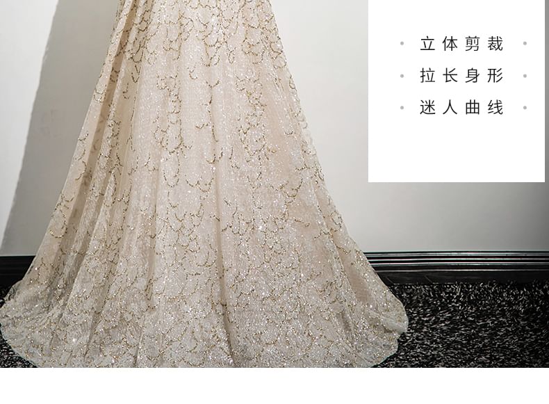 A-Line Beaded Evening Spaghetti Gown Strap Patterned