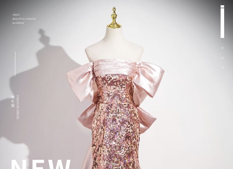 Bow Off Sequin Trumpet Shoulder Evening Panel Gown Sleeveless