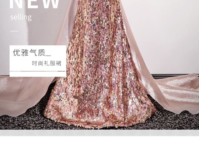 Bow Off Sequin Trumpet Shoulder Evening Panel Gown Sleeveless