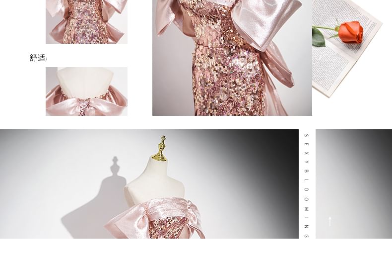 Bow Off Sequin Trumpet Shoulder Evening Panel Gown Sleeveless