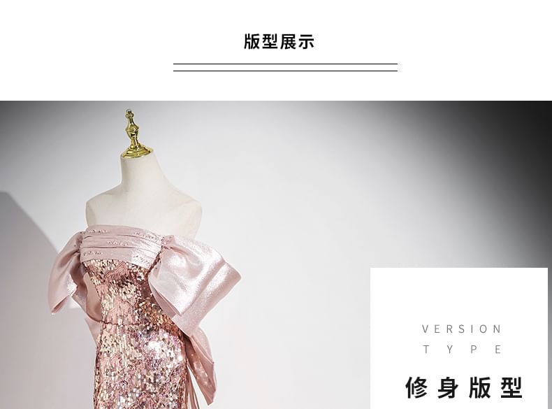 Bow Off Sequin Trumpet Shoulder Evening Panel Gown Sleeveless