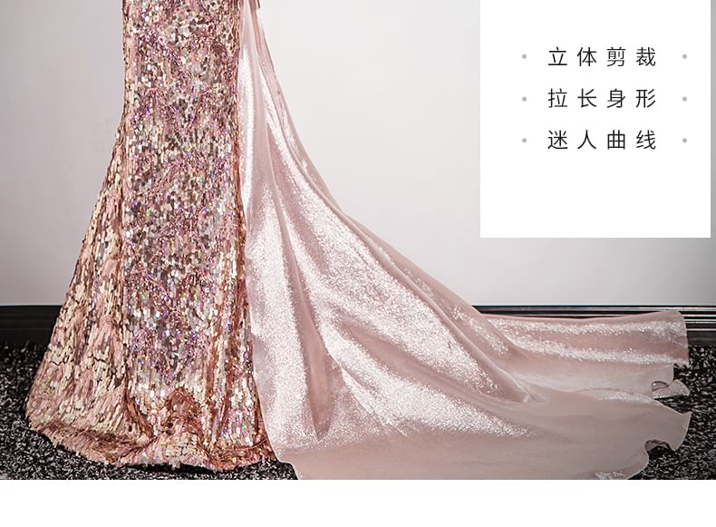 Bow Off Sequin Trumpet Shoulder Evening Panel Gown Sleeveless