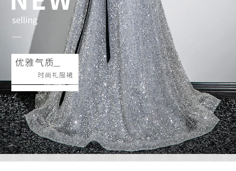 Sleeve A-Line Gown Puff Neck Sequin Bow Sweetheart Evening